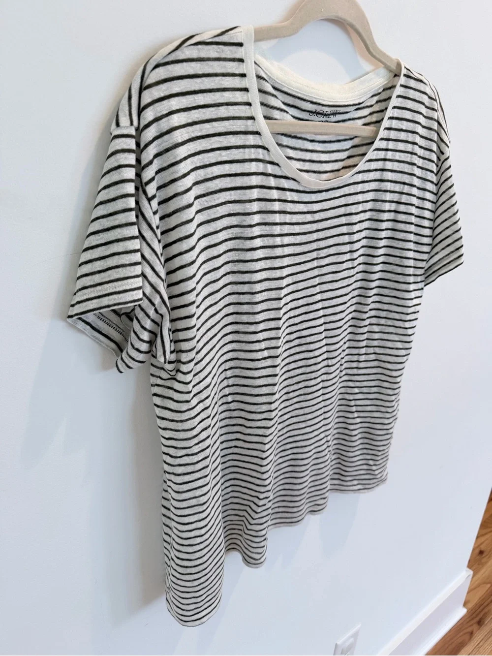 J. Crew Linen Striped Short Sleeve Tee in White & Olive Green, Size Medium